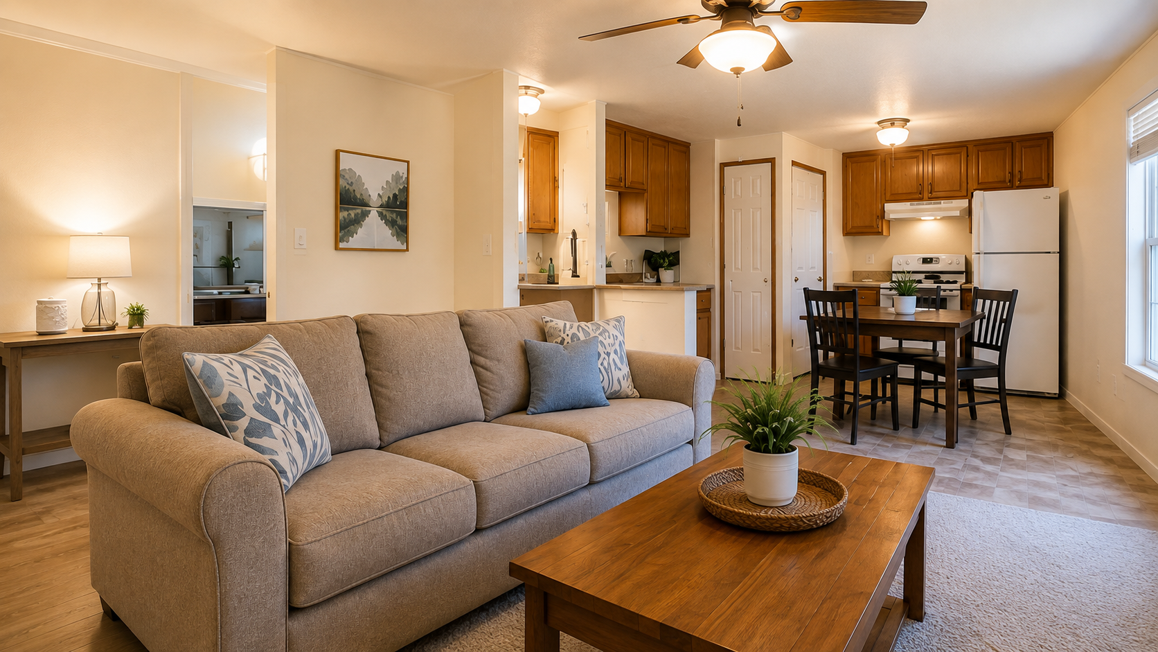 Comfortable living room and kitchen inside a Stonewall Louisiana rental home